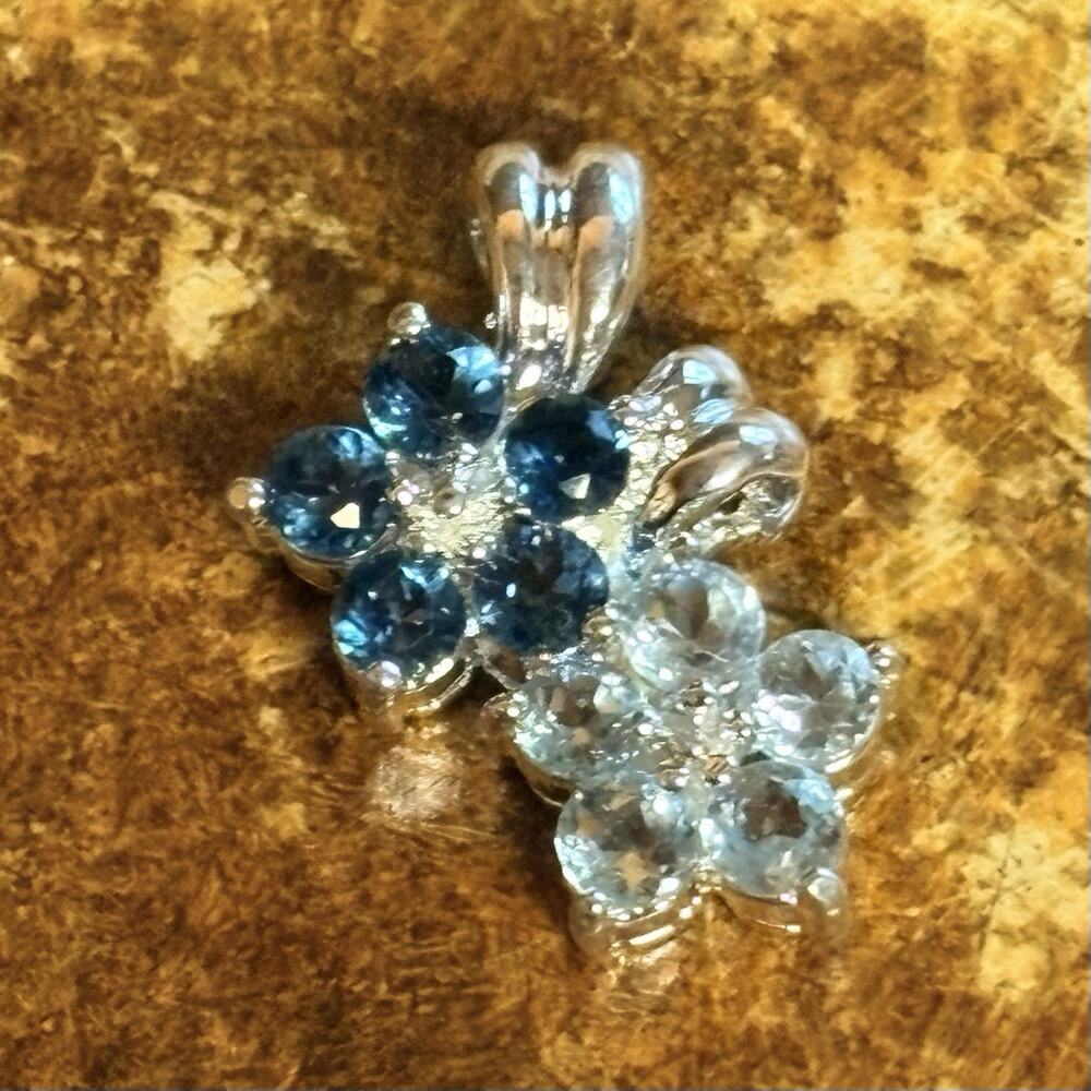 Sterling Silver, Blue Topaz and Aquamarine Double Flower Pendant by ADI